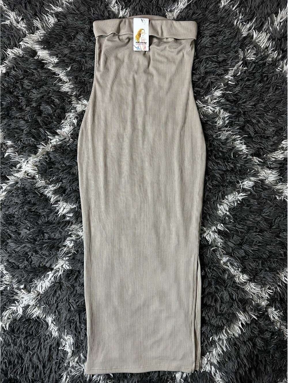 NWT PrettyGarden Ribbed Knit Strapless Tube Maxi Dress Beige Tan Women’s